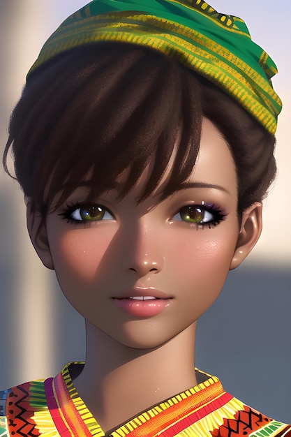 Mulher africana bonita 3D em um vestido dashiki e envoltório de cabeça em ilustração de pintura digital estilo anime