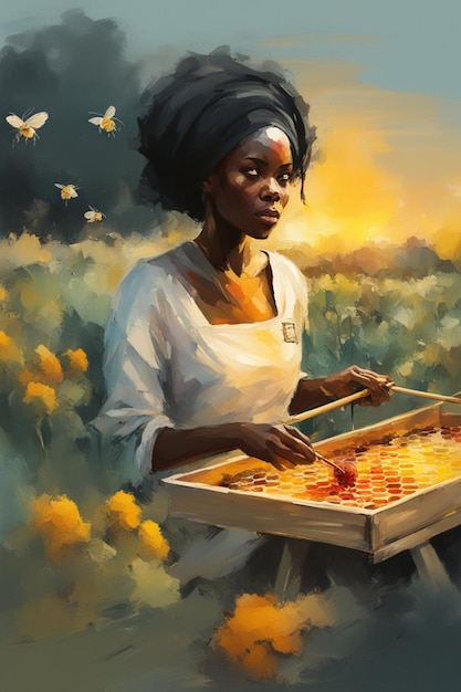 mulher africana coletando mel de colmeias ao pôr do sol em cores quentes de fazenda orgânica