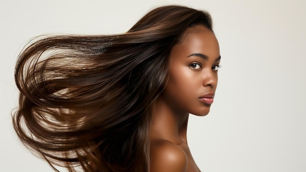 Mulher africana com cabelos castanhos longos posando para uma foto