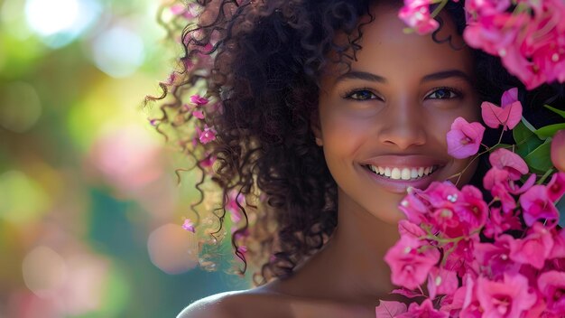 Foto mulher africana com cabelos encaracolados sorrindo enquanto segura um buquê de flores cor-de-rosa conceito retrato fotografia expressão alegre arranjo floral representação cultural beleza natural