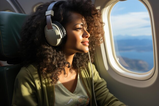 Foto mulher africana com fones de ouvido senta-se em um assento de avião durante um voo e olha através do portão