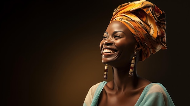 Foto mulher africana com turbante sorridente no rosto esquerdo e usando óculos de sol no fundo pastel isolado