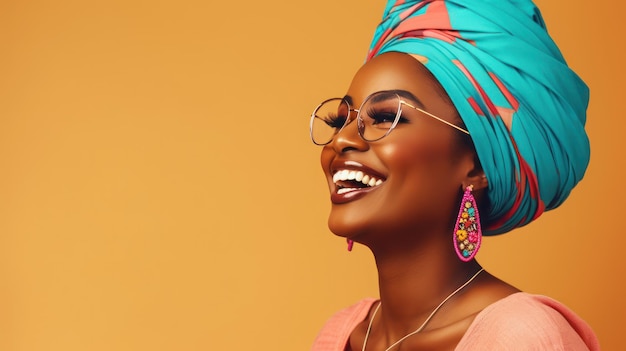 Foto mulher africana com turbante sorridente no rosto esquerdo e usando óculos de sol no fundo pastel isolado