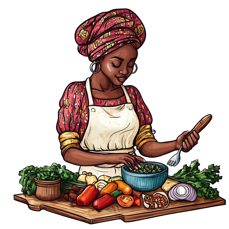 Foto mulher africana com um lenço na cabeça preparando uma salada