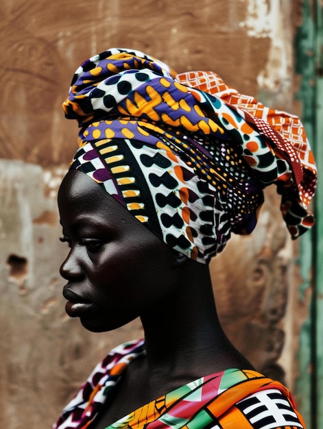 Mulher africana com um turbante roupas tradicionais e interior Uma menina com jóias em roupas coloridas preto pele bonita e mantendo sua etnia africana