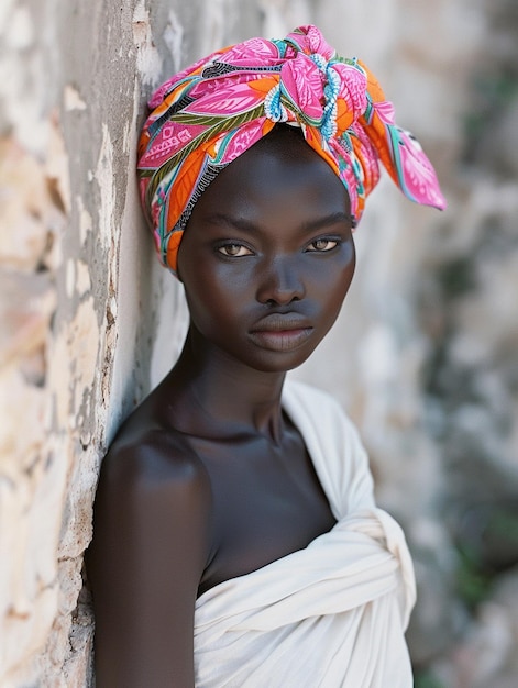 Mulher africana com um turbante roupas tradicionais e interior Uma menina com jóias em roupas coloridas preto pele bonita e mantendo sua etnia africana
