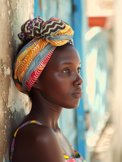 Mulher africana com um turbante roupas tradicionais e interior Uma menina com jóias em roupas coloridas preto pele bonita e mantendo sua etnia africana