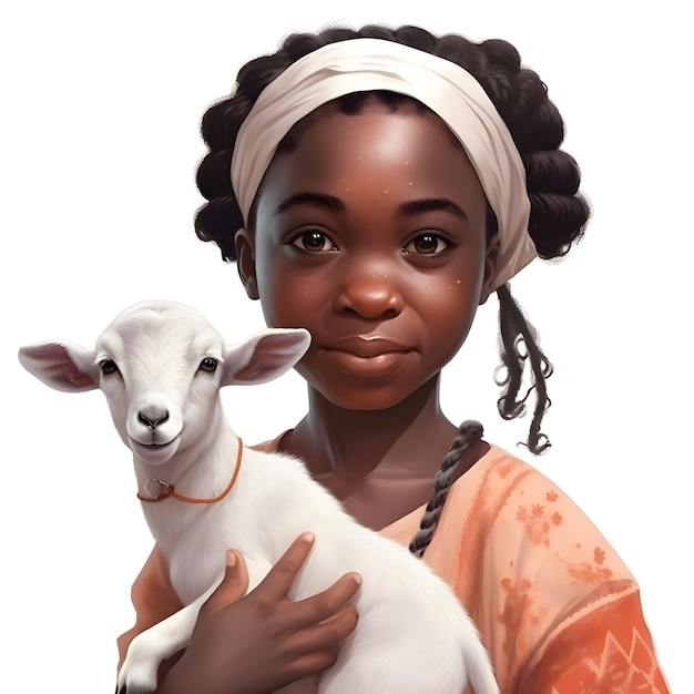 Mulher africana com uma cabra em uma renderização 3d de fundo branco