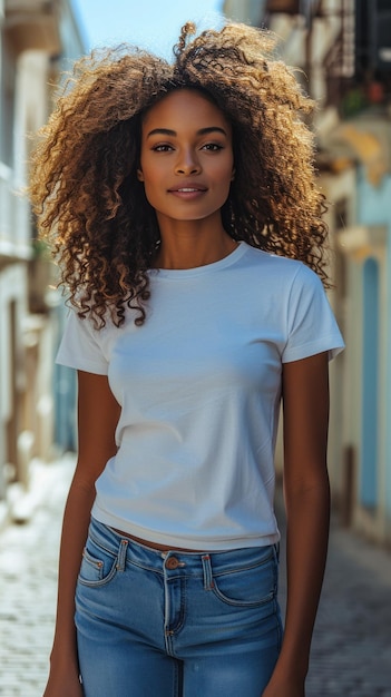 Mulher africana de camiseta branca e jeans no fundo da cidade urbana moderna de verão