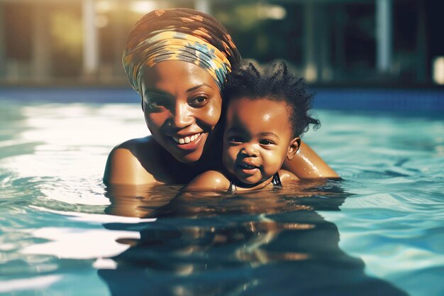 Mulher africana e filha nadando na piscina