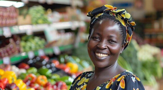 Mulher africana feliz, empregada de uma loja, a ajudar os clientes no supermercado.