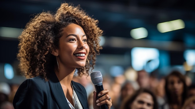 Foto mulher africana focada segurando e usando um microfone dando a palestra