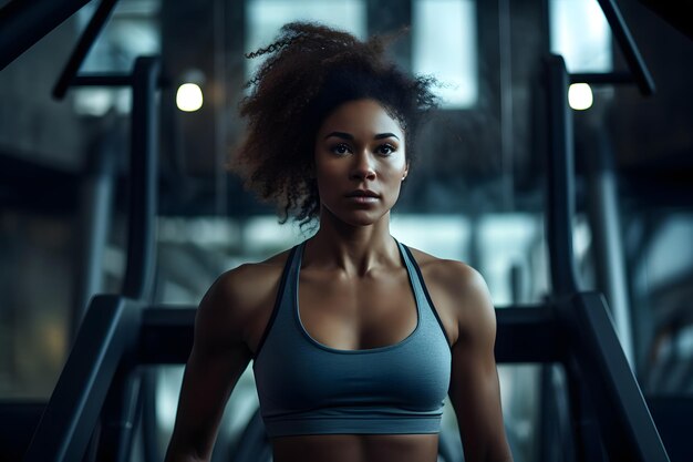 Mulher africana forte usando kettlebell em um ginásio