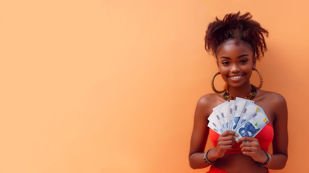 Foto mulher africana jovem segurando e mostrando notas de 1000 nairas nigerianas mney sobre laranja vestindo top vermelho