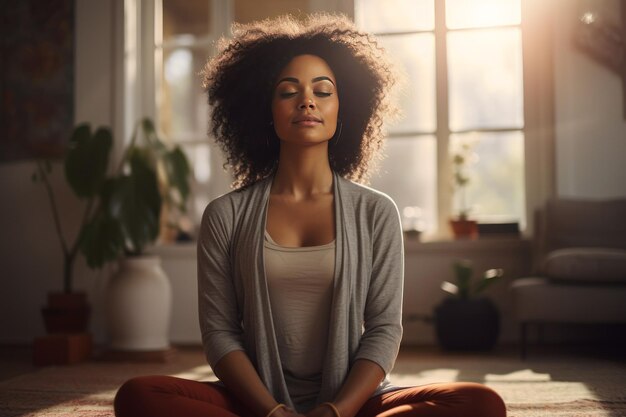 Mulher africana meditando e praticando ioga em casa