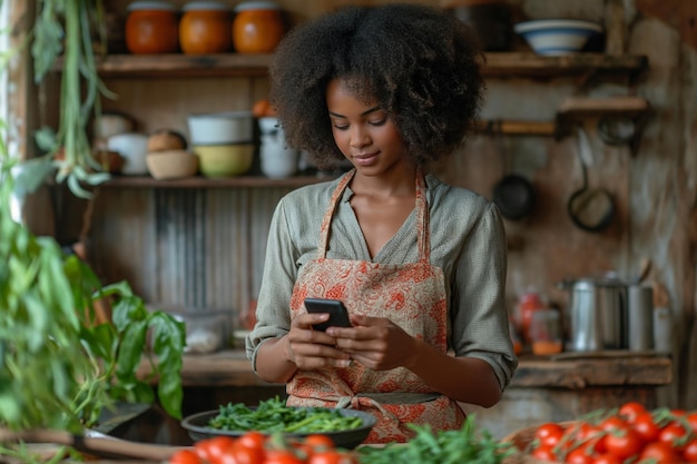 Mulher africana olhando para a receita no telefone enquanto cozinha