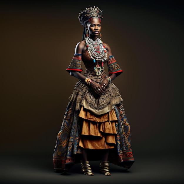 Mulher africana posando com suas decorações ancestrais de vestidos tribais tradicionais geradas por Ai