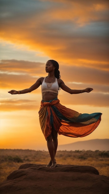 Mulher Africana praticando Yoga al Amanecer