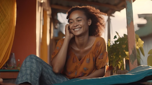 Mulher africana relaxando com telefone e tablet em pufe na casa moderna