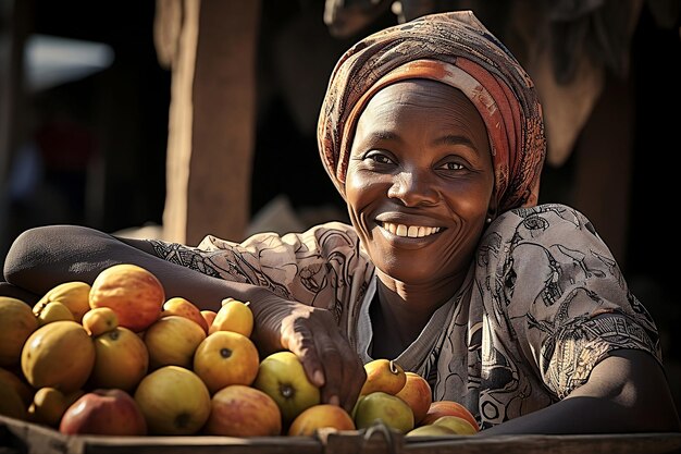 Mulher africana sentada com uma caixa de frutas tropicais ao ar livre