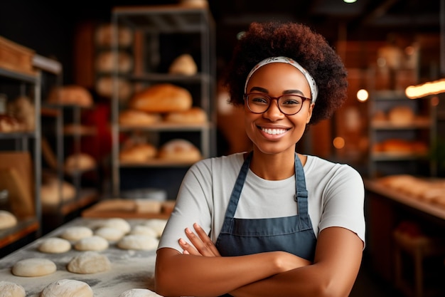 Mulher africana sorridente amassando pão em uma padaria