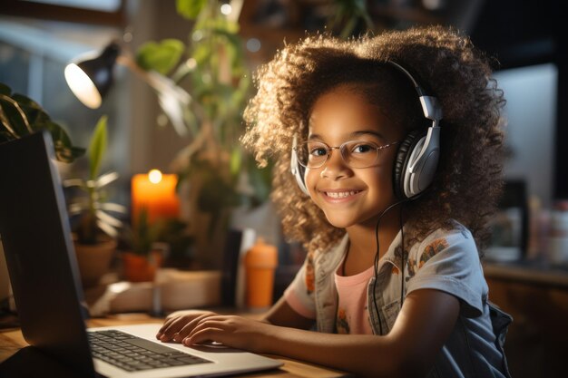 Foto mulher africana sorridente com fones de ouvido assistindo a lições de vídeo no computador da cozinha menino étnico feliz com fone de ouvido tendo aula on-line na web usando laptop em casa conceito de educação em casa