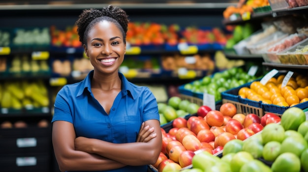 Mulher africana sorridente, vendedora de supermercado, assistente de loja de frutas e legumes