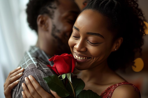 Mulher africana sorrindo abraçando namorado com Valentines rose