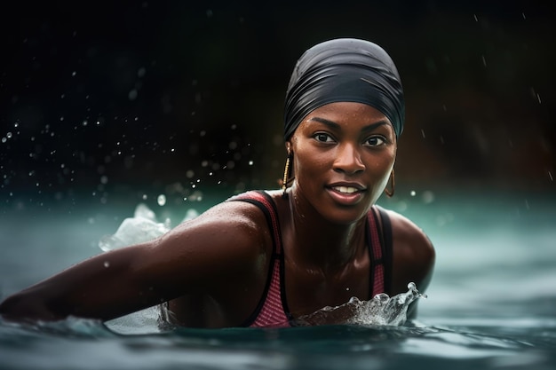 Mulher africana triatleta concentrada nadando na chuva