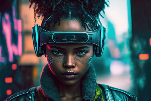 Mulher africana usa óculos de realidade virtual em pé no fundo do mundo virtual