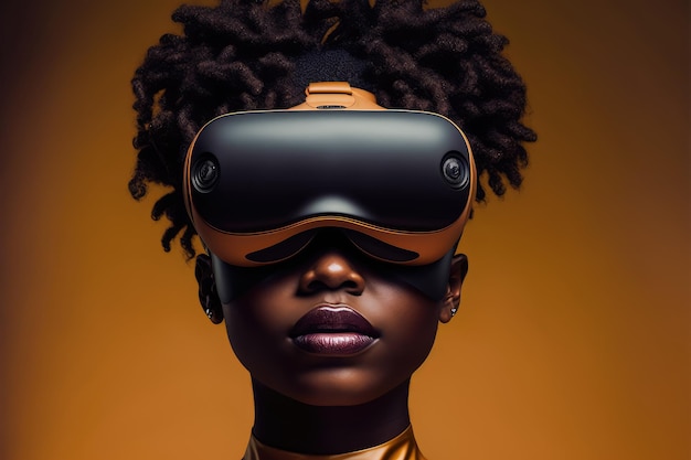 Mulher africana usando óculos de realidade virtual em estúdio fundo limpo