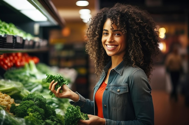 Foto mulher afro-americana alegre escolhendo vegetais na loja de legumes