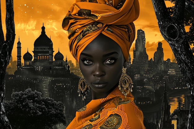 Mulher afro-americana bonita com cidade urbana moderna em fundo mês de história negra dia