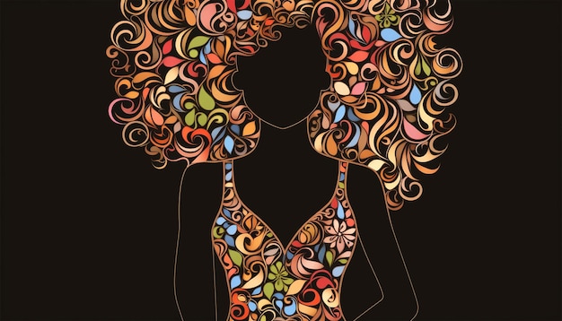 Mulher afro-americana com flores no cabelo Retrato de mulher abstrata de pele negra americana