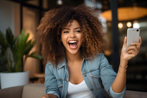 Foto mulher afro-americana com o telefone em uma cafeteria