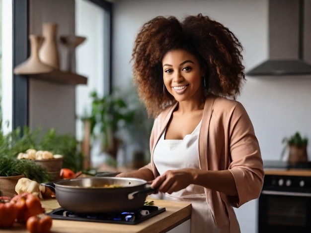 Foto mulher afro-americana cozinhando e degustando jantar em uma panela em uma cozinha moderna em casa