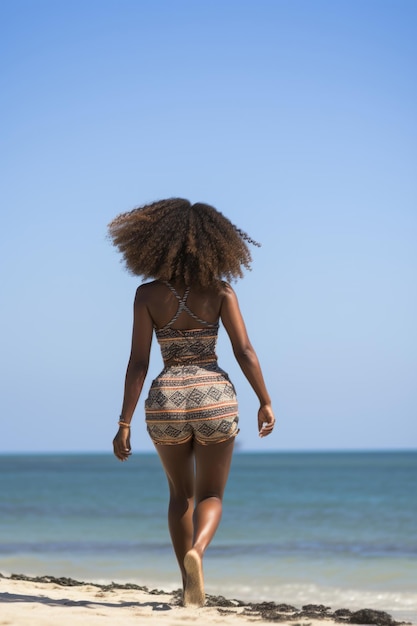 Mulher afro-americana de biquíni caminhando em direção ao mar