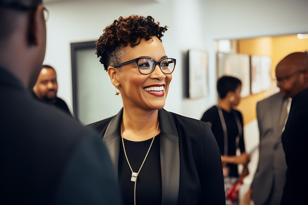 Mulher afro-americana de meia-idade de terno preto e óculos sorrindo e falando