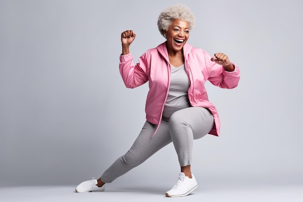 Foto mulher afro-americana de meia idade em roupas esportivas fazendo alguns movimentos de dança divertidos