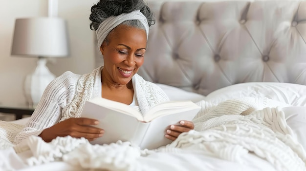 Mulher afro-americana de meia-idade feliz lendo na cama em casa Relaxamento de saúde mental