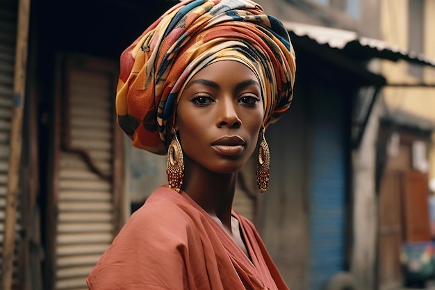 Mulher afro-americana de moda com lenço de cabeça tradicional
