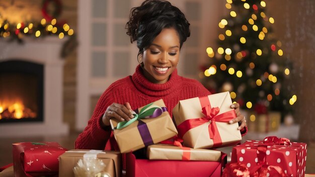 Mulher afro-americana desembalando presentes de Natal