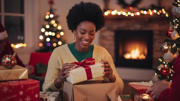 Mulher afro-americana desembalando presentes de Natal