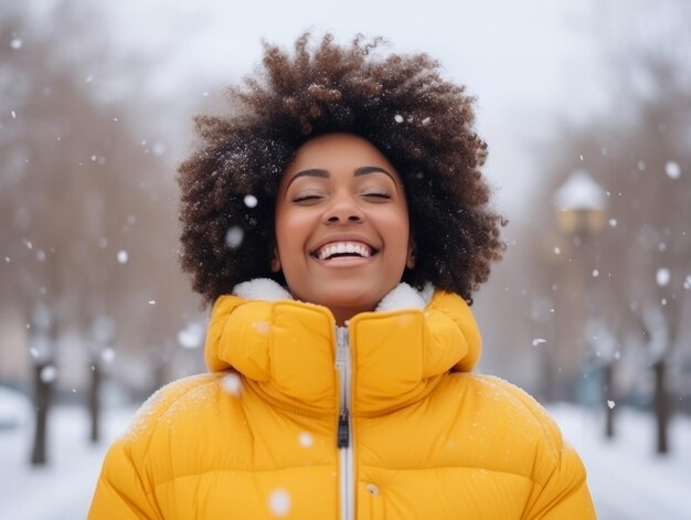 Mulher afro-americana desfruta do dia de neve de inverno em uma pose dinâmica emocional brincalhona