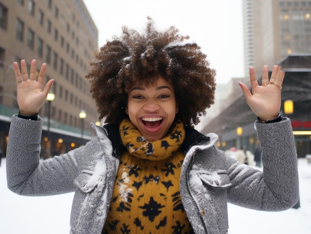 Mulher afro-americana desfruta do dia de neve de inverno em uma pose dinâmica emocional brincalhona