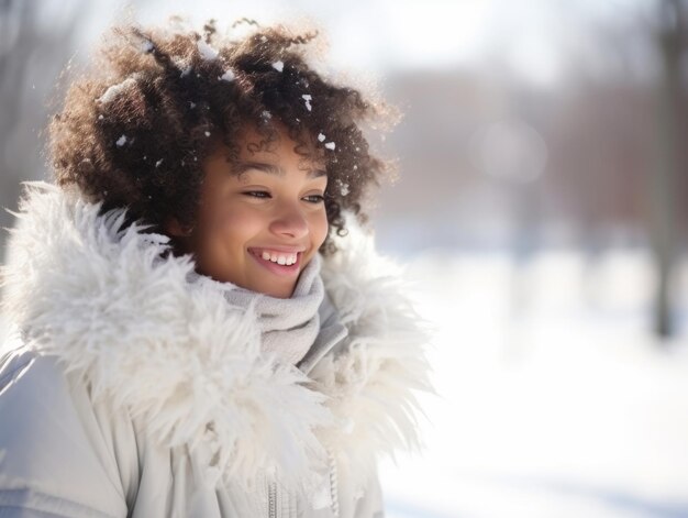 Mulher afro-americana desfruta do dia de neve de inverno em uma pose dinâmica emocional brincalhona