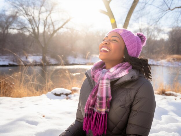 Mulher afro-americana desfruta do dia de neve de inverno em uma pose dinâmica emocional brincalhona