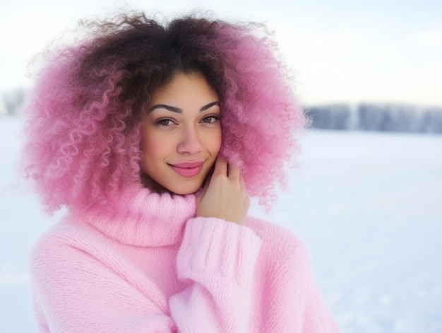 Mulher afro-americana desfruta do dia de neve de inverno em uma pose dinâmica emocional brincalhona