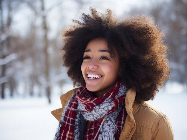 Mulher afro-americana desfruta do dia de neve de inverno em uma pose dinâmica emocional brincalhona