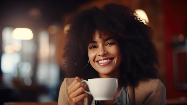 Mulher afro-americana desfrutando de uma caneca de café em uma cafeteria Criada com tecnologia Generative AI